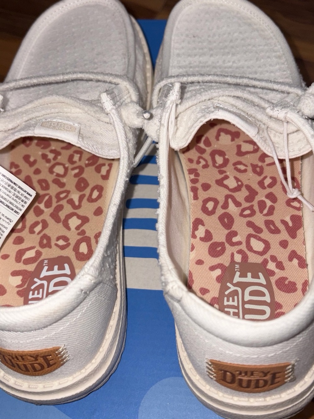 Hey Dude Kids White Canvas Slip-Ons with Pink Leopard Insole